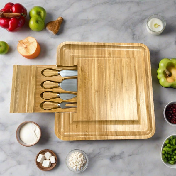13 inch bamboo wooden cheeseboard with utensils