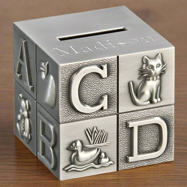 large pewter babys building block bank