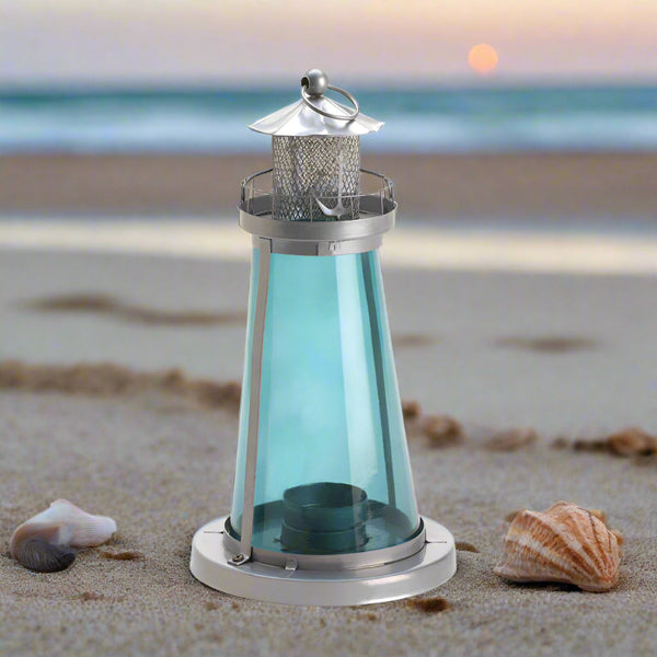 blue glass lighthouse candle lamp