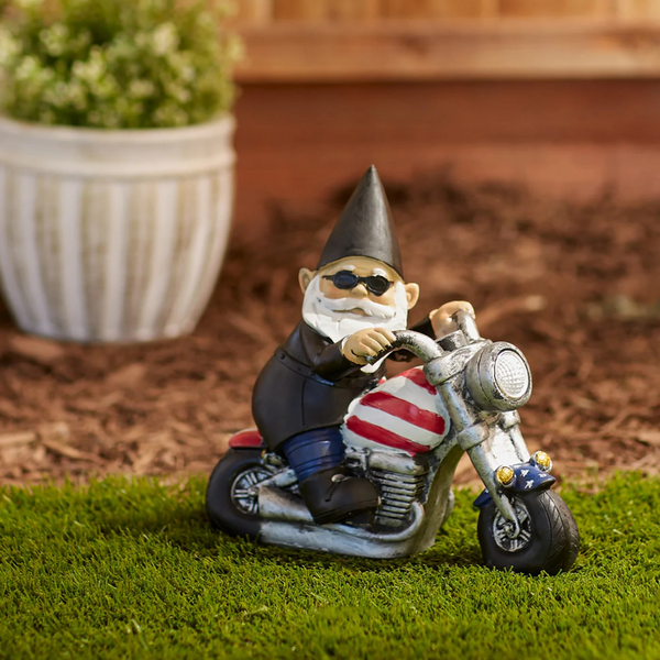 solar powered biker gnome garden figurine