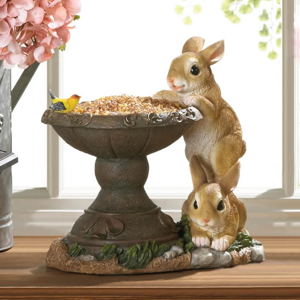 playful bunnies bird bath feeder
