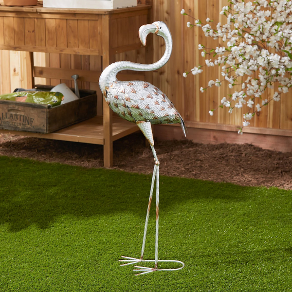 standing tall galvanized flamingo garden sculpture