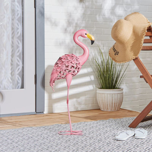 standing tall solar powered flamingo yard sculpture