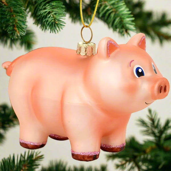 smiling pig glass ornament
