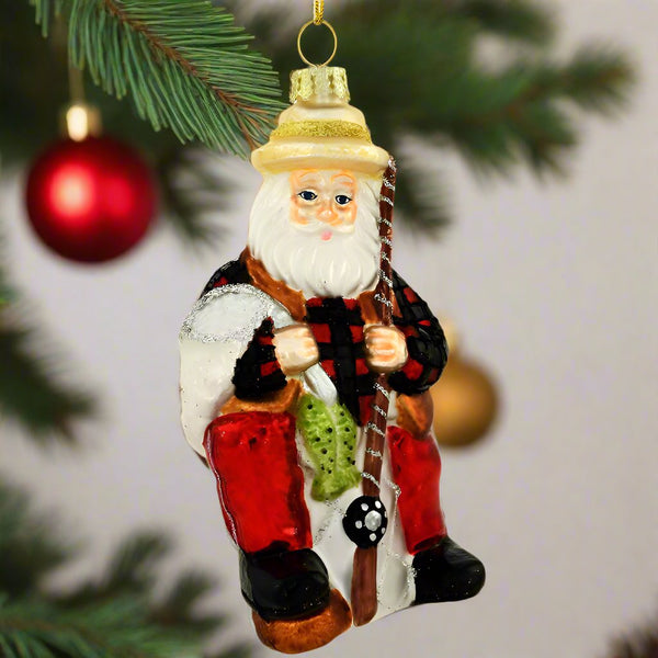 vintage fishing santa glass ornament
