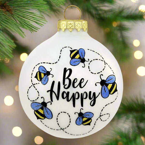 swirling bee happy glass ornament