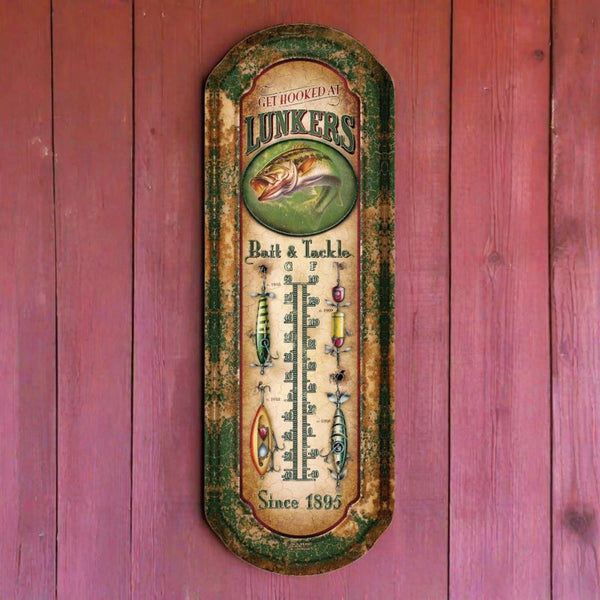 get hooked at lunkers bait and tackle tin thermometer