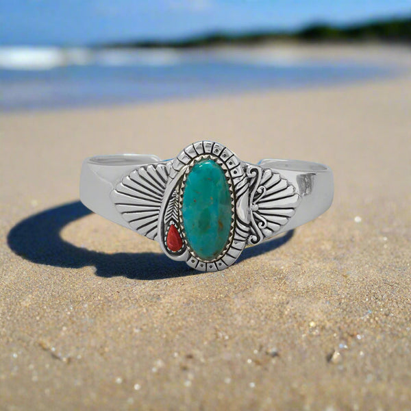 turquoise and coral fan design cuff bracelet