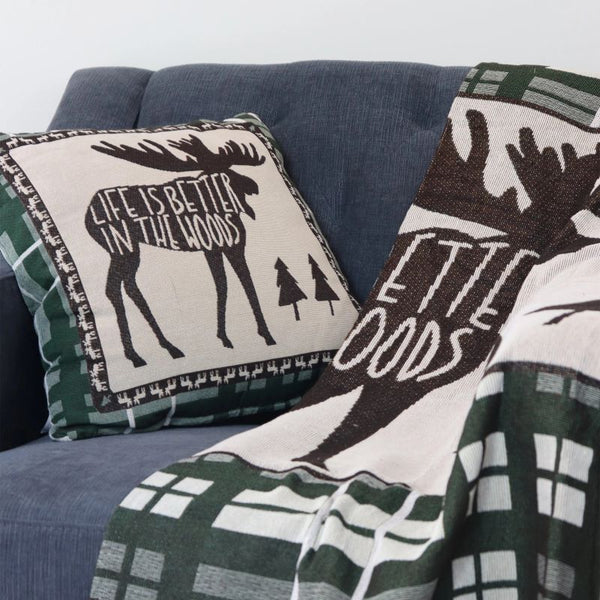 life is better in the woods moose tapestry pillows
