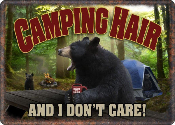 camping hair i don't care bear tin sign