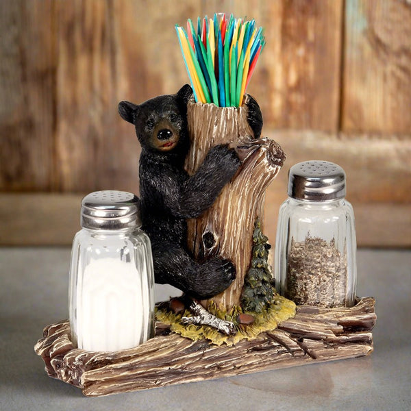 black bear salt and pepper shakers with candleholder toothpick holder