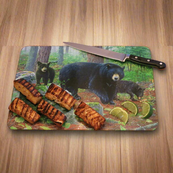bear family campfire glass cutting board
