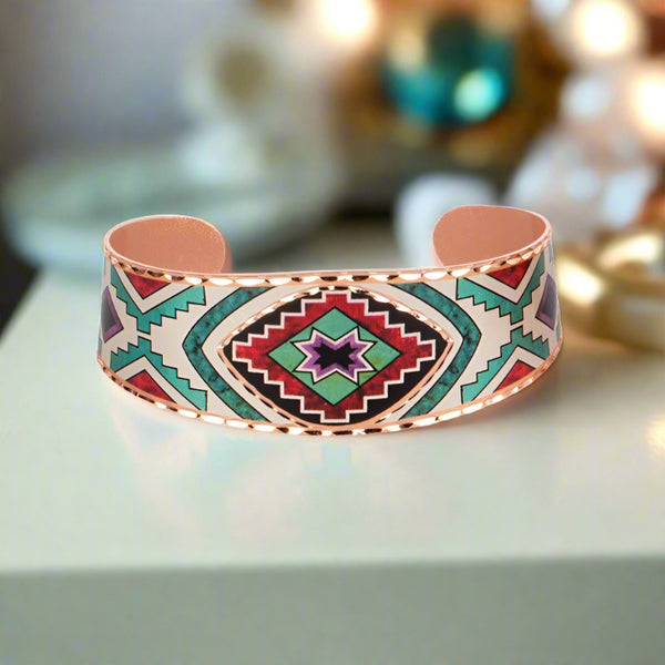 turquoise and pink aztec copper cuff bracelet