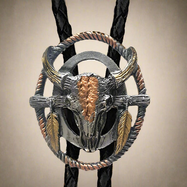 tricolor buffalo skull shield bolo tie