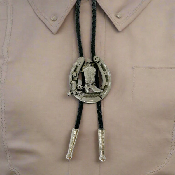 cowboy boot and horseshoe bolo tie