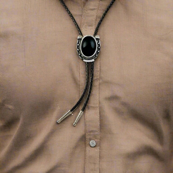 antique silver horseshoe onyx stone bolo tie