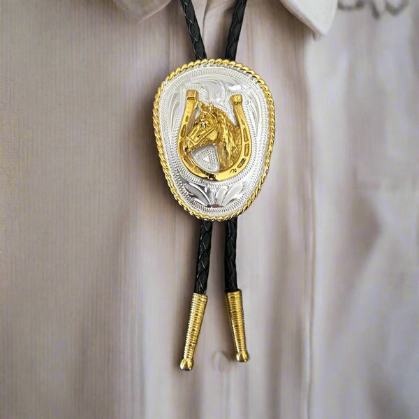 german silver horsehead and horseshoe bolo tie