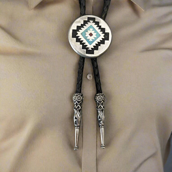 round aztec turquoise and coral inlay bolo tie