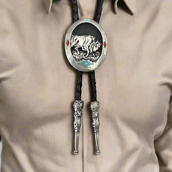 charging bull turquoise and coral inlay bolo tie