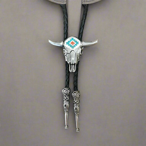 steer skull with turquoise & coral inlay bolo tie