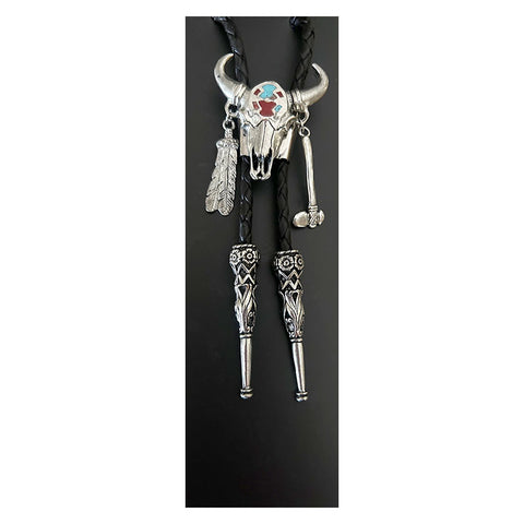 Medicine Bull Turquoise and Coral Inlay Bolo Tie