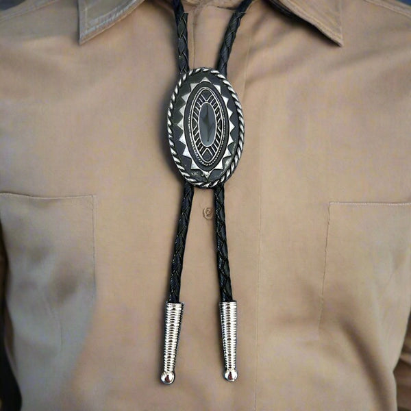 silver plated oval black bolo tie