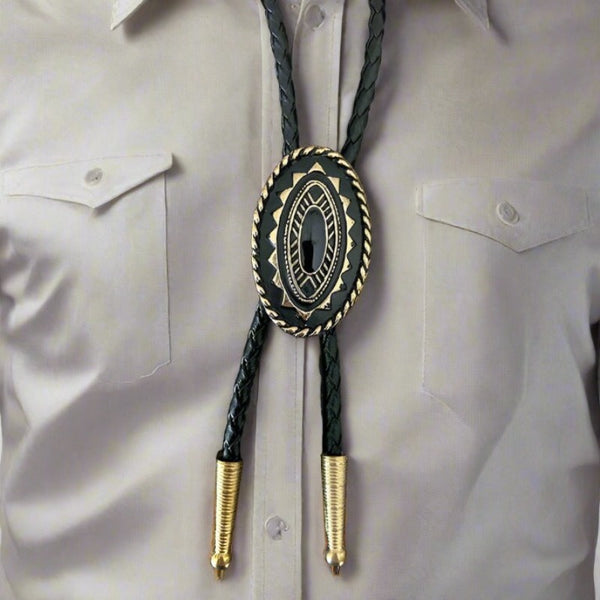 black and gold oval bolo tie