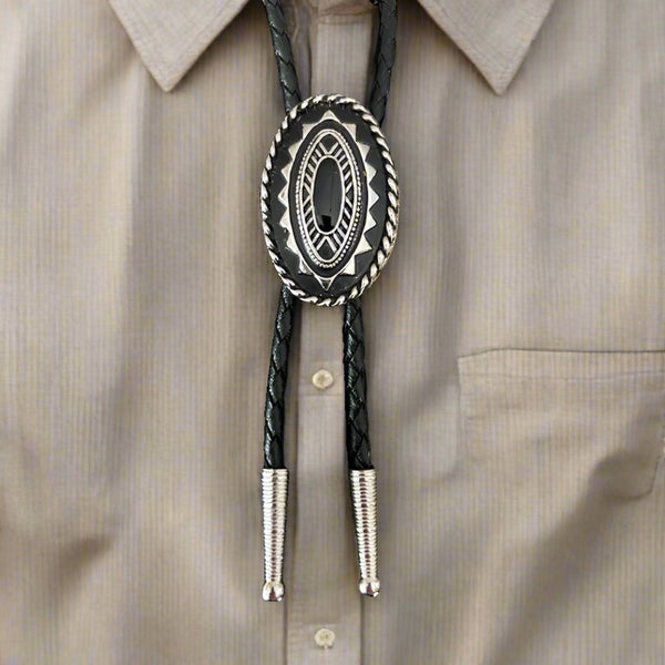 black and silver oval bolo tie