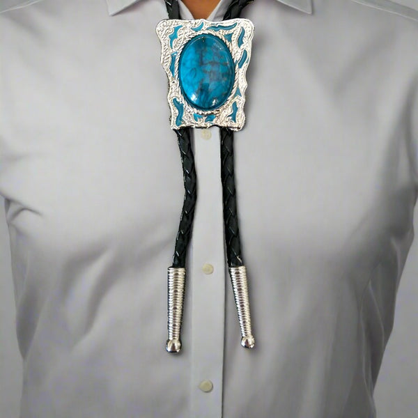 cerulean blue stone enamel bolo tie