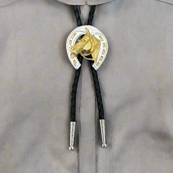 german silver and gold horsehead horseshoe bolo tie