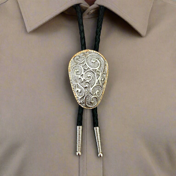 silver and gold scrolls bolo tie