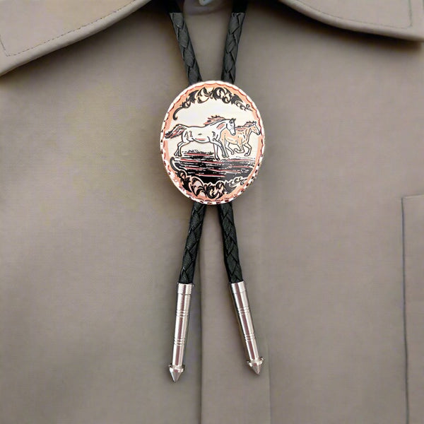 copper horses oval medallion bolo tie