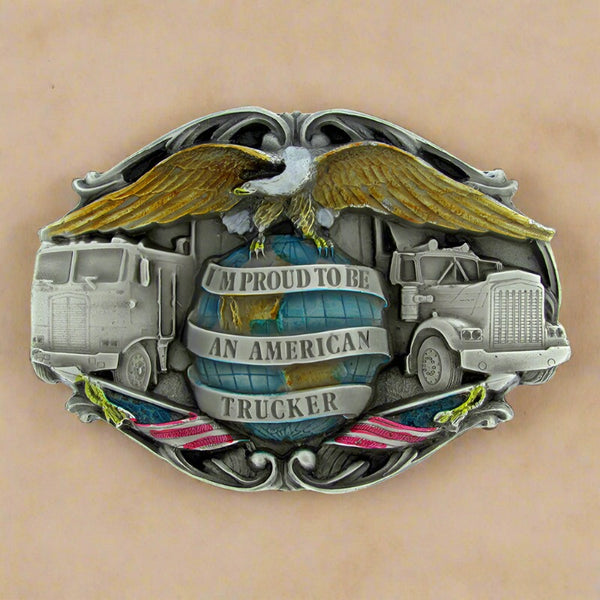 proud to be an american trucker enamel belt buckle