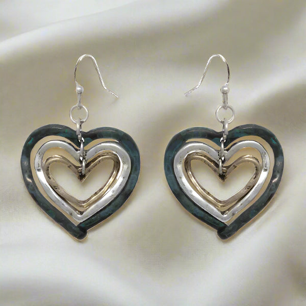 blue stone tri-color heart earrings