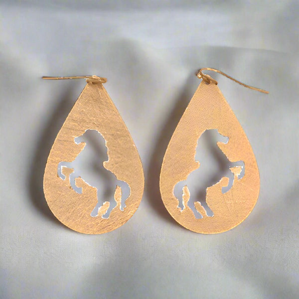 gold rearing horse french wire earrings