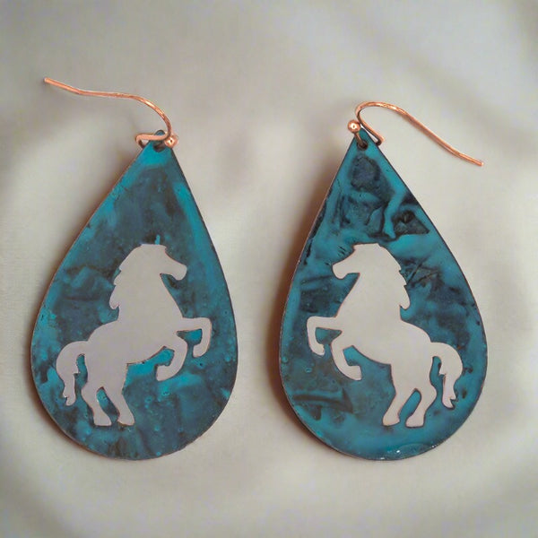 copper patina rearing horse french wire earrings