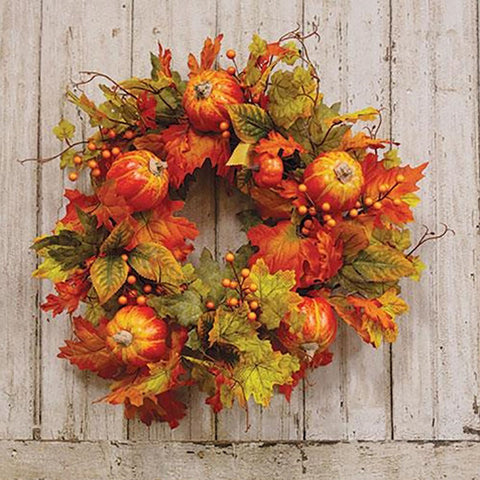 Fall Leaves Berries & Pumpkins Wreath