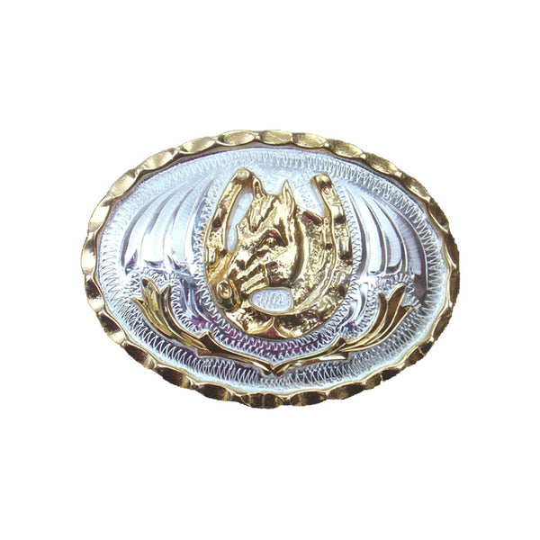 German Silver and Gold Horsehead Horseshoes Belt Buckle FR  display picture 1