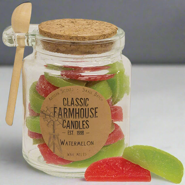 watermelon gumdrop wax melts jar with spoon