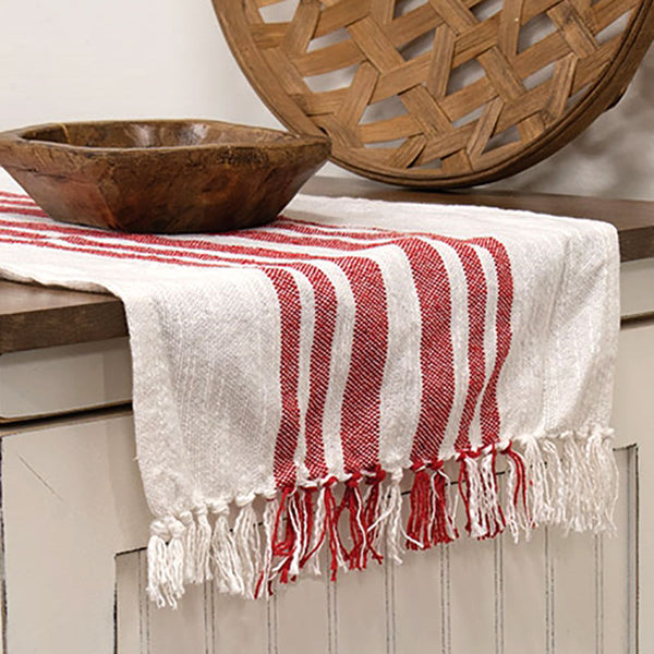 red flour sack striped short table runner