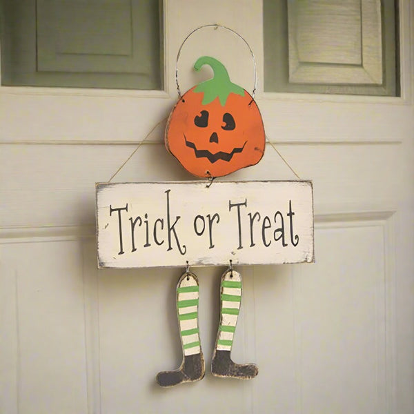 trick or treat dangling pumpkin head sign