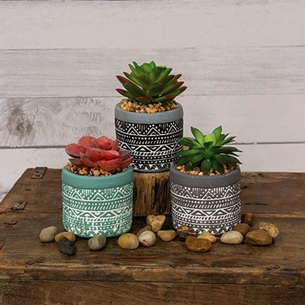 artificial potted succulent in boho art deco pottery