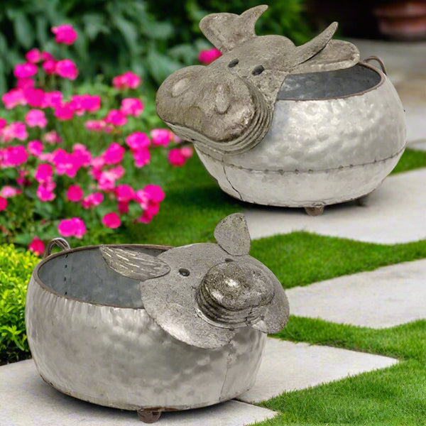 hammered metal farm animal planters