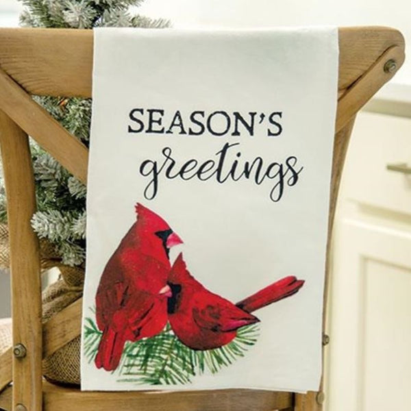 season's greetings cardinal dish towel