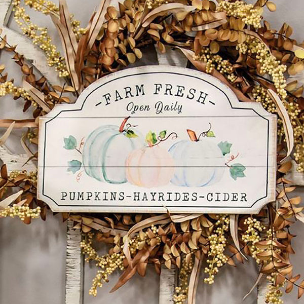 farm fresh pumpkins hayrides cider wooden sign