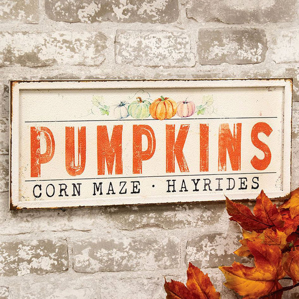 pumpkins corn maze and hayrides metal sign
