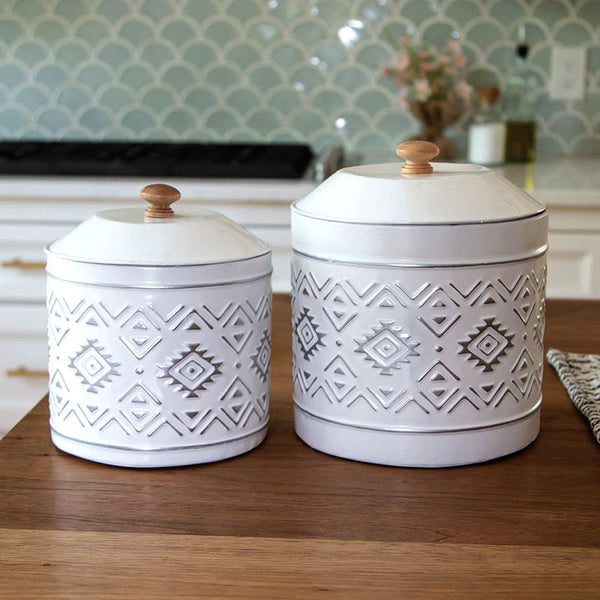 boho white metal kitchen canisters set of 2