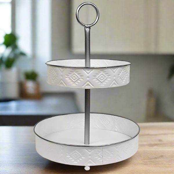 boho white metal 2 tiered tray