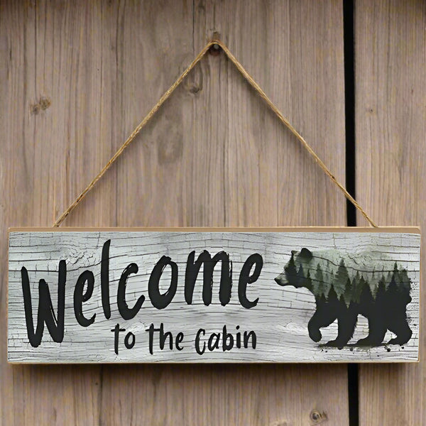 welcome to the cabin forest bear hanging sign