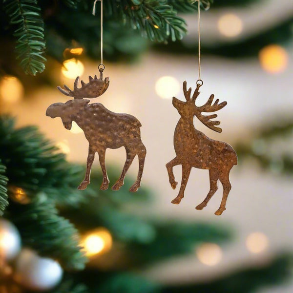 rusty reindeer and moose ornaments set of 2